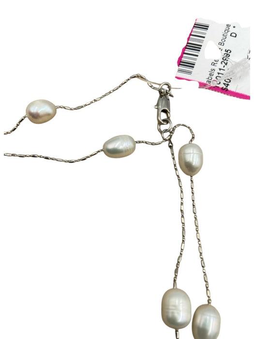 White & Silver 925 Silver Pearls Chain Lobster Long Necklace White & Silver