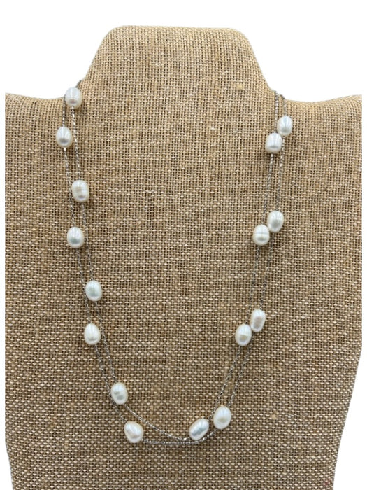 White & Silver 925 Silver Pearls Chain Lobster Long Necklace White & Silver