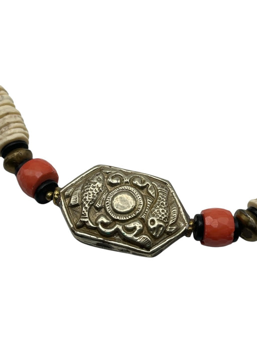 Leslie Fendig White, Silver & Bronze Metal Disc Beads Fish Long Necklace White, Silver & Bronze