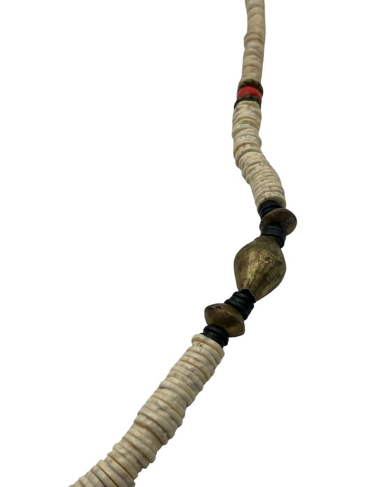Leslie Fendig White, Silver & Bronze Metal Disc Beads Fish Long Necklace White, Silver & Bronze