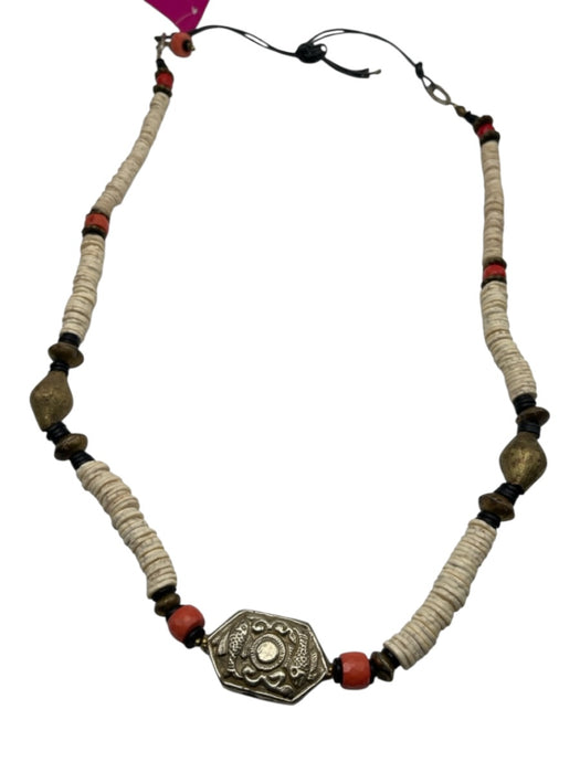 Leslie Fendig White, Silver & Bronze Metal Disc Beads Fish Long Necklace White, Silver & Bronze