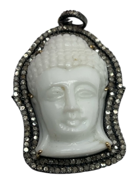 White & Gunmetal Metal Stone Buddha Pave Bezel Pendant White & Gunmetal