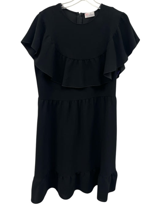 Red Valentino Size 46 Black Polyester Back Zip Ruffle Detail Cap Sleeve Dress Black / 46