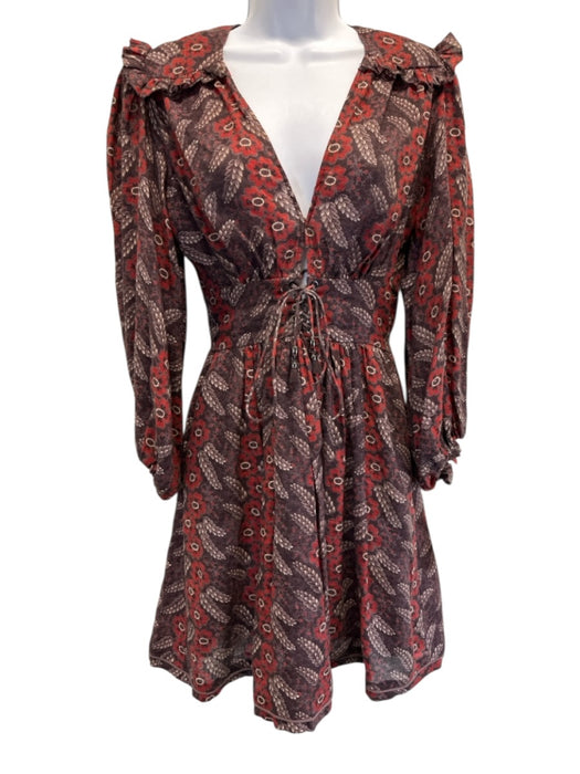 Zimmermann Size 0 Purple, Red, White Linen Blend Long Sleeve Floral Mini Dress Purple, Red, White / 0