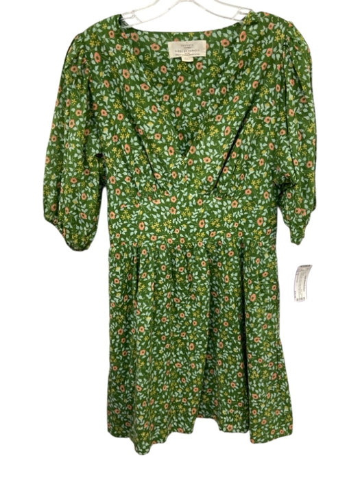 Birds of Paradis Size S Green, Blue, Pink Cotton Blend Short Puff Sleeve Dress Green, Blue, Pink / S