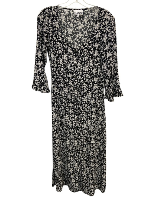 Ganni Size 34 Black & White Viscose Blend Long Sleeve Floral Button Up Dress Black & White / 34