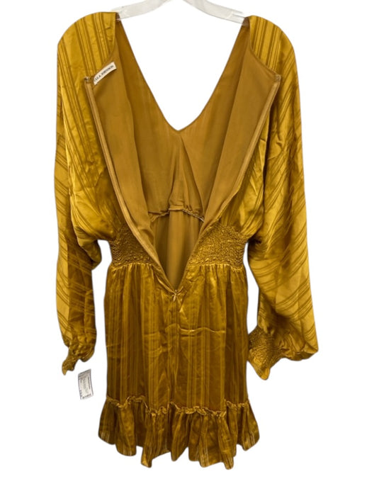 Ulla Johnson Size 6 Yellow Gold Silk Long Sleeve Striped Smock Waist Mini Dress Yellow Gold / 6