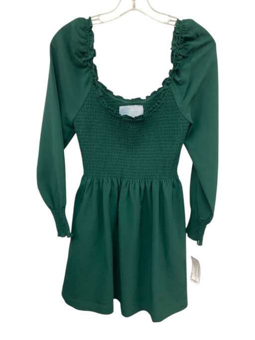 Hill House Size XS Dark Green Polyester Long Sleeve Smocked Upper Mini Dress Dark Green / XS