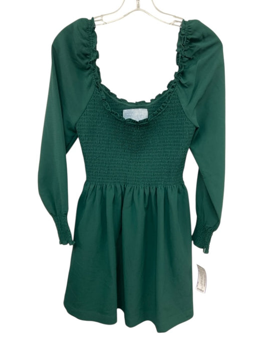 Hill House Size XS Dark Green Polyester Long Sleeve Smocked Upper Mini Dress Dark Green / XS