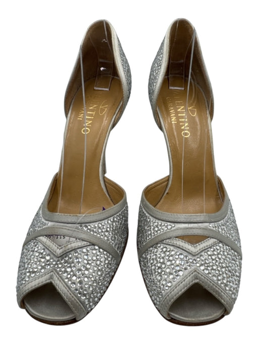 Valentino Shoe Size 37 Silver Satin Peep Toe Crystal Embellishments Pumps Silver / 37