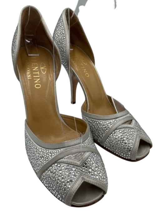 Valentino Shoe Size 37 Silver Satin Peep Toe Crystal Embellishments Pumps Silver / 37