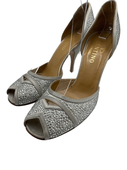 Valentino Shoe Size 37 Silver Satin Peep Toe Crystal Embellishments Pumps Silver / 37