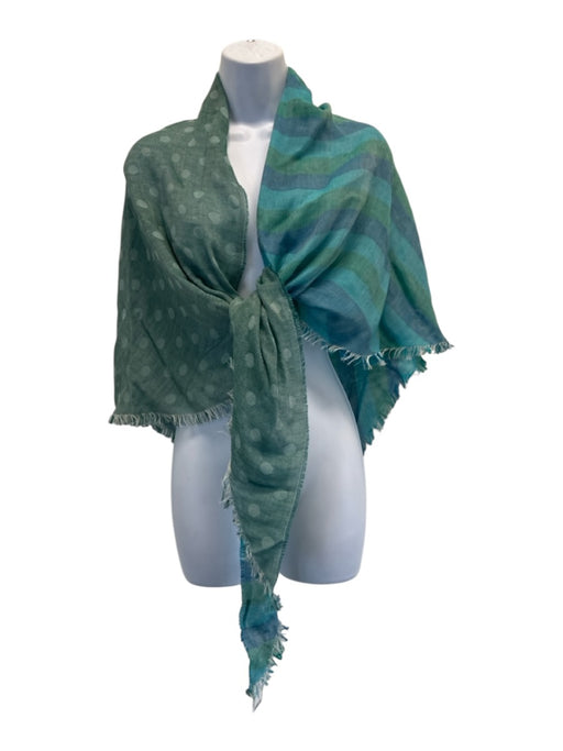 J. Peterman Teal Blue Fringe Polka Dot Stripe Reversible scarf Teal Blue / One Size