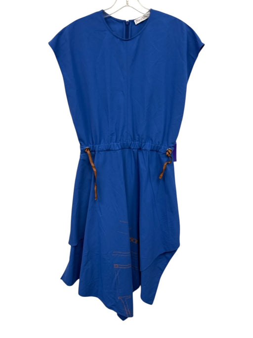 JW Anderson Size 6 Blue & Brown Cotton Back Zip Asymetric Cap Sleeve Dress Blue & Brown / 6