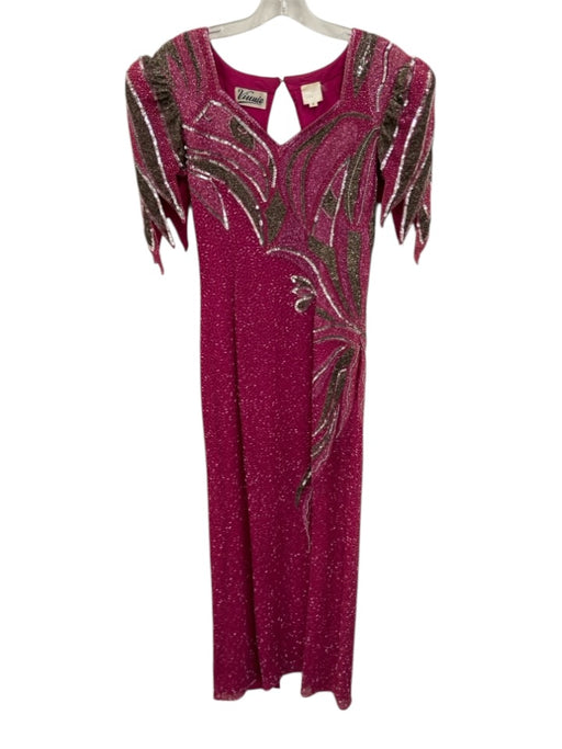Vinnie Size S Fuschia Pink & Gray Polyester Fully Beaded Half Sleeve Gown Fuschia Pink & Gray / S