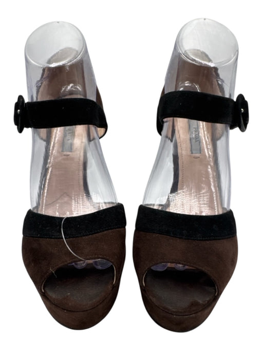 Prada Shoe Size 40 Brown & Black Suede Color Block Peep Toe Ankle Strap Pumps Brown & Black / 40