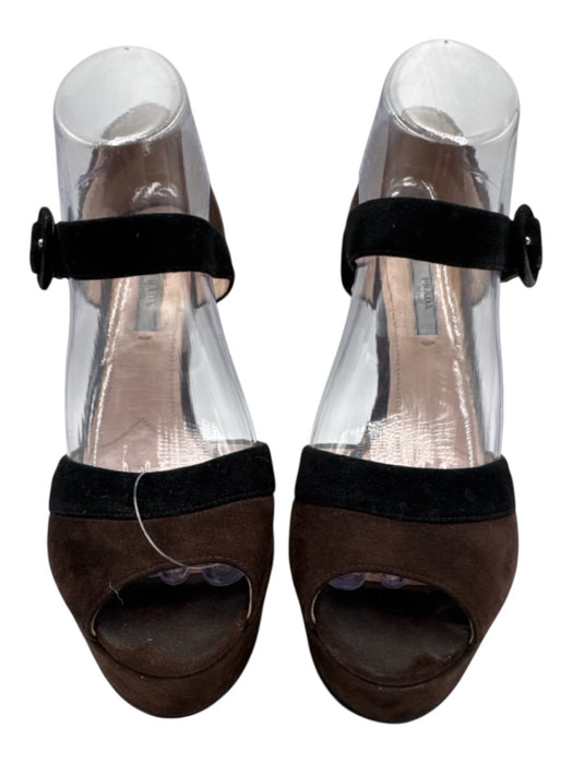 Prada Shoe Size 40 Brown & Black Suede Color Block Peep Toe Ankle Strap Pumps Brown & Black / 40