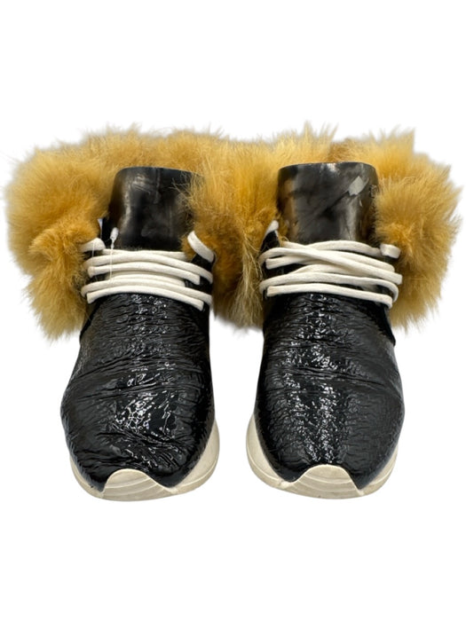 Esse Ut Esse Shoe Size 37 Black Patent Leather Fur Trim Leather Low Top Sneakers Black / 37
