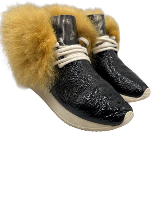 Esse Ut Esse Shoe Size 37 Black Patent Leather Fur Trim Leather Low Top Sneakers Black / 37