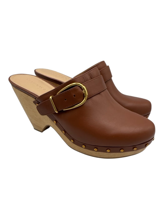 Veronica Beard Shoe Size 8.5 Chestnut Leather Wood Sole Buckle Heel Shoe Clogs Chestnut / 8.5