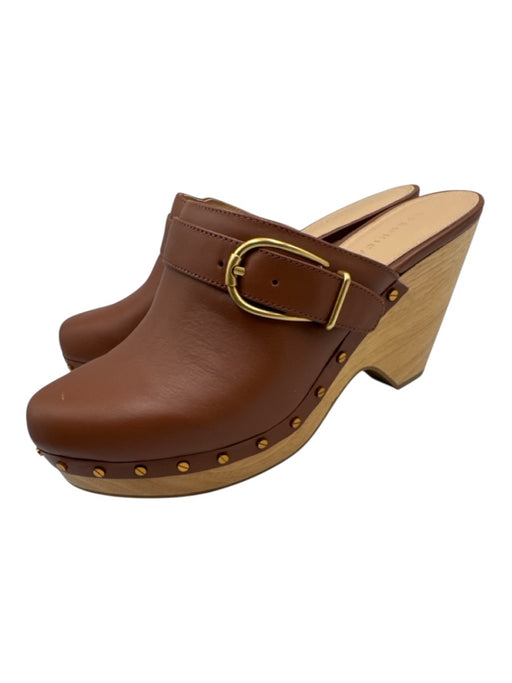Veronica Beard Shoe Size 8.5 Chestnut Leather Wood Sole Buckle Heel Shoe Clogs Chestnut / 8.5