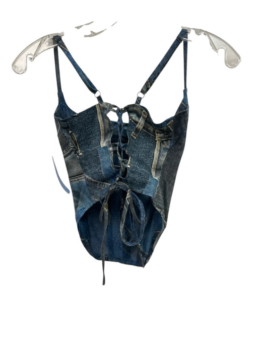 Miaou Size XS Blue Print Cotton Blend Spaghetti Strap Cropped corset Lace Up Top Blue Print / XS