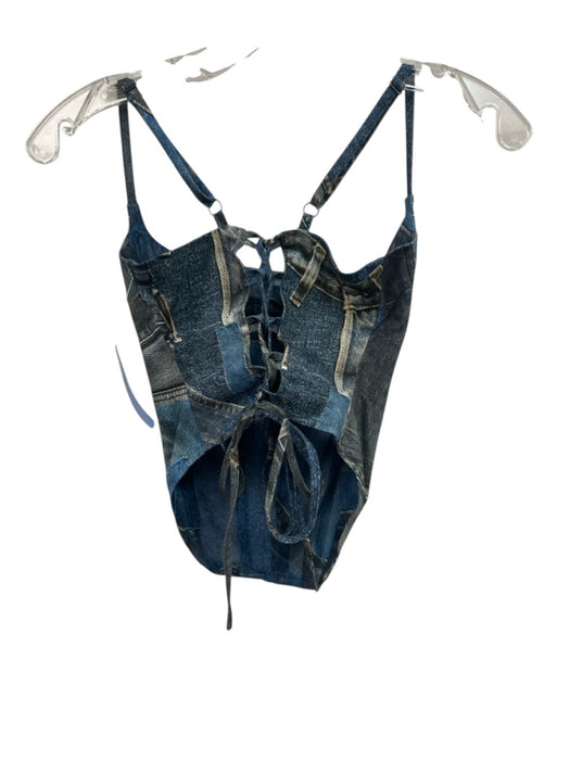 Miaou Size XS Blue Print Cotton Blend Spaghetti Strap Cropped corset Lace Up Top Blue Print / XS