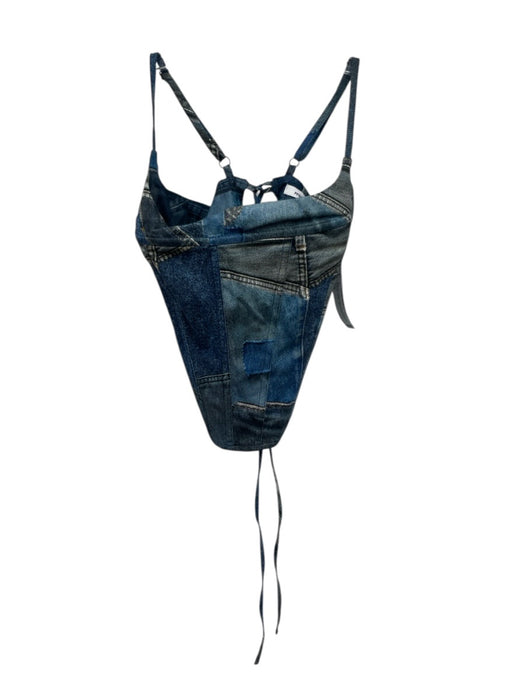 Miaou Size XS Blue Print Cotton Blend Spaghetti Strap Cropped corset Lace Up Top Blue Print / XS