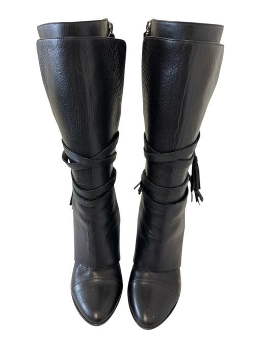 Chanel Shoe Size 34.5 Black Leather Wrap Calf High Heel Attachment Boots Black / 34.5