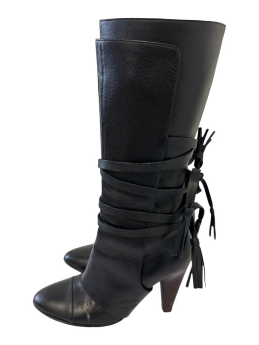 Chanel Shoe Size 34.5 Black Leather Wrap Calf High Heel Attachment Boots Black / 34.5
