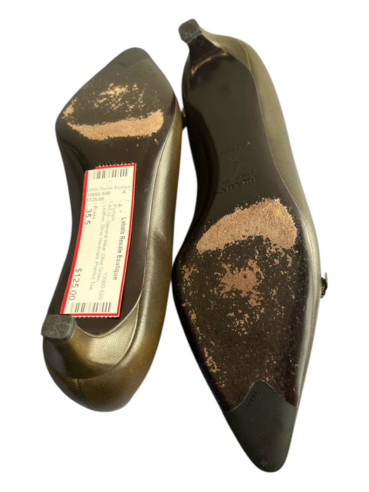 Prada Shoe Size 35.5 Olive Green Leather Silver Hardware Pointed Toe Pumps Olive Green / 35.5
