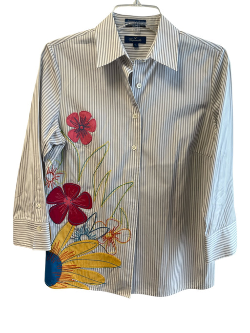 Faconnable Size S White Gray 100% Cotton Long Sleeve Striped Embroidered Top White Gray / S