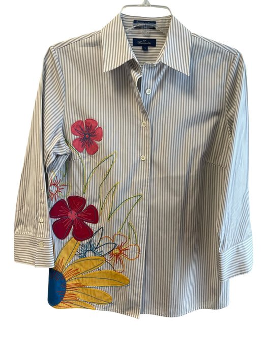Faconnable Size S White Gray 100% Cotton Long Sleeve Striped Embroidered Top White Gray / S