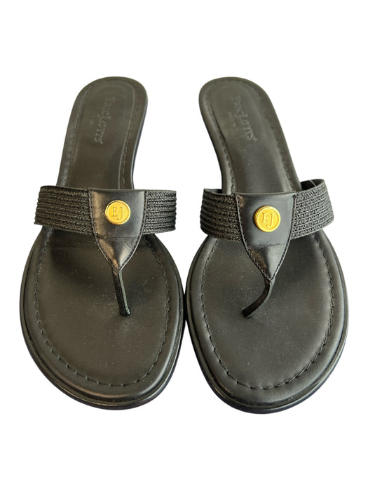 Eric Javits Shoe Size 6 Black Leather open toe Thong sandal Gold Detail Shoes Black / 6