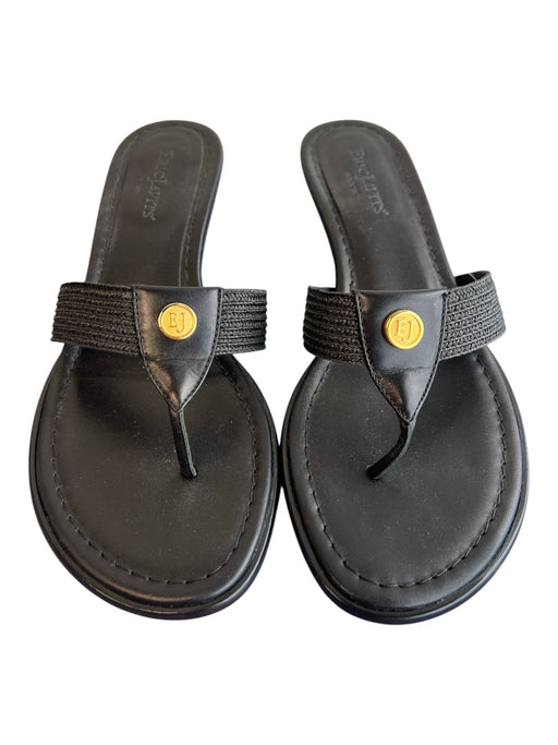 Eric Javits Shoe Size 6 Black Leather open toe Thong sandal Gold Detail Shoes Black / 6