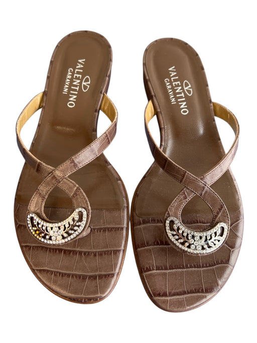 Valentino Shoe Size 36 Brown Leather Upper Thong Strap Silver Detail Flat Shoes Brown / 36