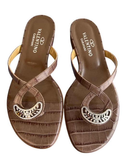 Valentino Shoe Size 36 Brown Leather Upper Thong Strap Silver Detail Flat Shoes Brown / 36