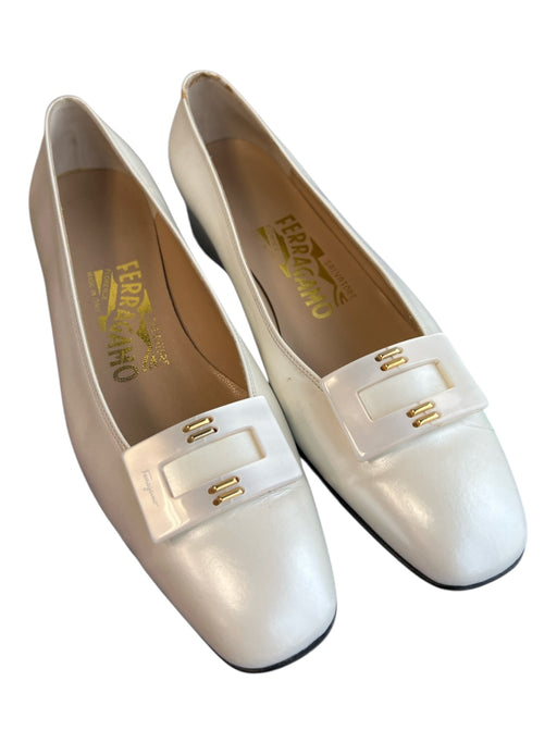 Salvatore Ferragamo Shoe Size 5.5 White Leather Square Toe Gold detail Shoes White / 5.5