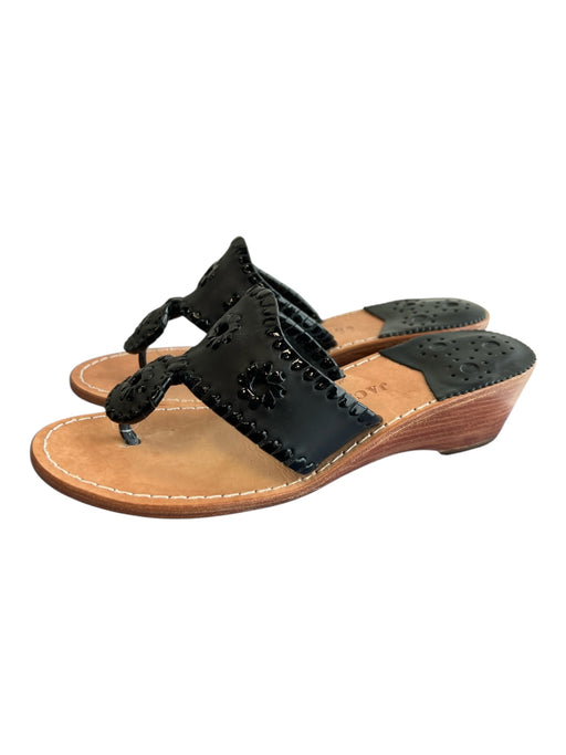 Jack Rogers Brown & Black Leather Toe Strap Floral Open Toe Wedge Shoes Brown & Black