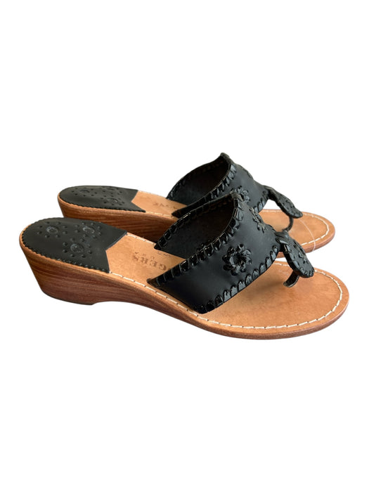 Jack Rogers Brown & Black Leather Toe Strap Floral Open Toe Wedge Shoes Brown & Black