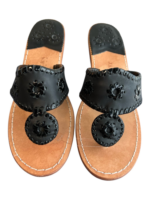Jack Rogers Brown & Black Leather Toe Strap Floral Open Toe Wedge Shoes Brown & Black