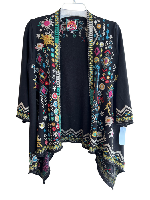 Johnny Was Size Small Black & Multi Cotton Embroidered Open Front Jacket Black & Multi / Small