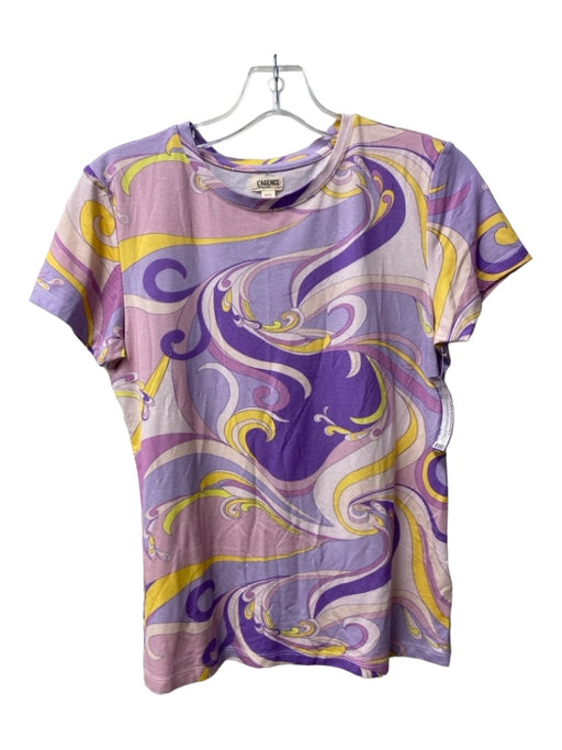 L'agence Size M Purple, Pink & Yellow Rayon Round Neck Short Sleeve Fitted Top Purple, Pink & Yellow / M