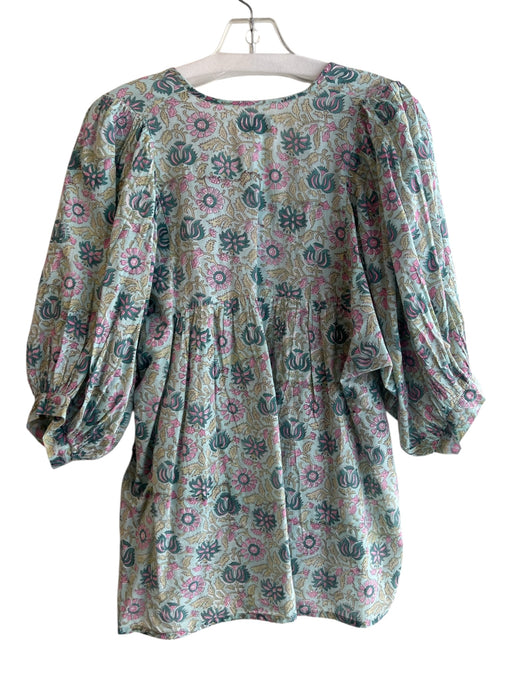 Mille Size Small Blue & Pink Cotton 3/4 Balloon Sleeve Round Split Neck Top Blue & Pink / Small