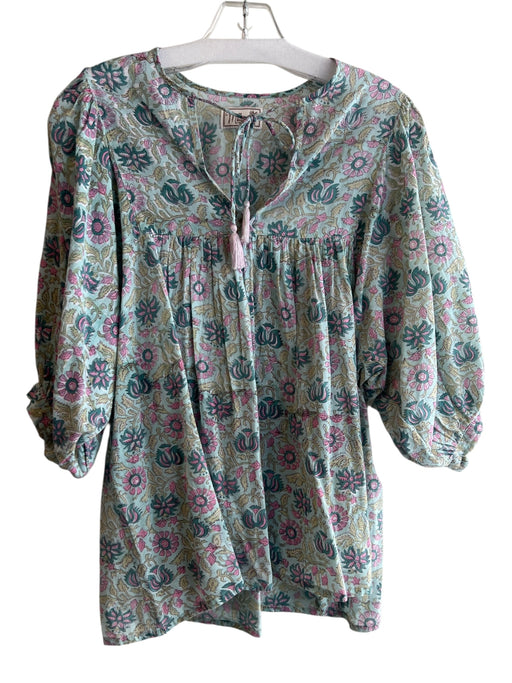 Mille Size Small Blue & Pink Cotton 3/4 Balloon Sleeve Round Split Neck Top Blue & Pink / Small