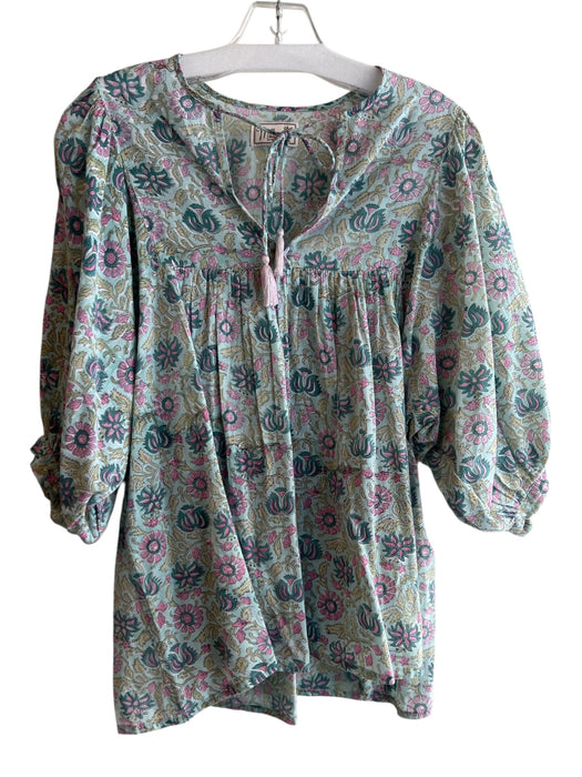 Mille Size Small Blue & Pink Cotton 3/4 Balloon Sleeve Round Split Neck Top Blue & Pink / Small