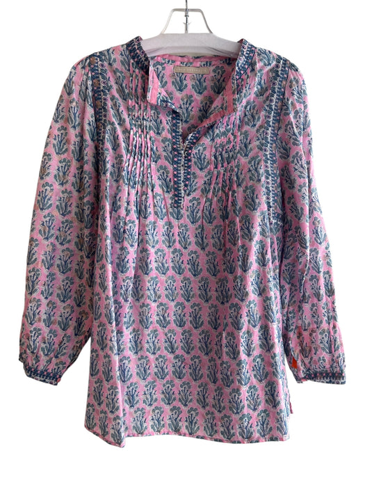 Lola Australia Size XS Pink & blue Cotton Floral Round Split Neck Tunic Top Pink & blue / XS