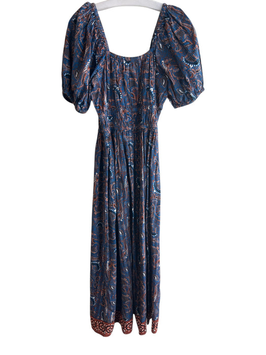 Cleobella Size Medium Blue & Brown Cotton Square Neck Short Puff Sleeve Dress Blue & Brown / Medium