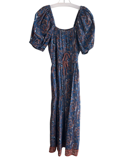 Cleobella Size Medium Blue & Brown Cotton Square Neck Short Puff Sleeve Dress Blue & Brown / Medium