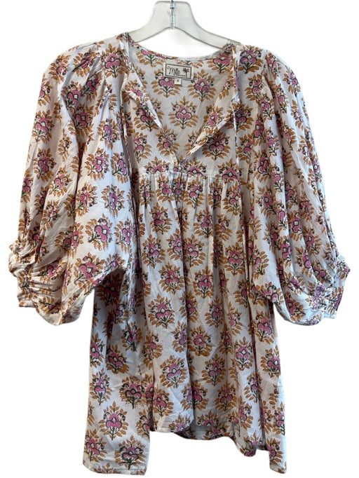 Millie Size Small Cotton floral Half Puff Sleeve Round Split Neck Top Cotton / Small